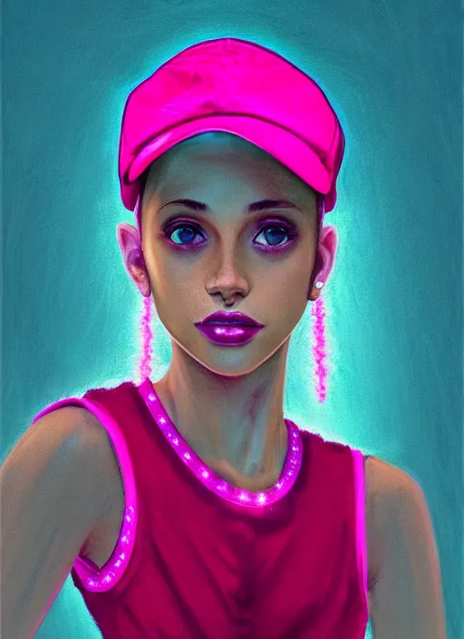 Image similar to portrait of teenage vanessa morgan with bright pink hair, black girl, curly pixie cut hair, wearing newsboy cap, pink short haircut, newsboy cap, hoop earrings, blue eyes, intricate, elegant, glowing lights, highly detailed, digital painting, artstation, concept art, smooth, sharp focus, illustration, art by wlop, mars ravelo and greg rutkowski