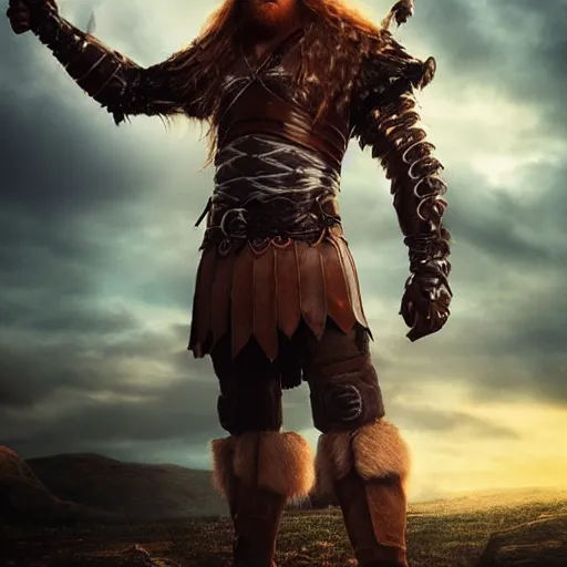 Image similar to ginger viking with flowing long wavy hair in leather armor, very pale, very hairy chest, bare chest, very thick thighs, bare legs, husky body type, big muscles, very tall, strong, powerful, majestic, imposing, full body picture, matte painting, concept art, 4 k