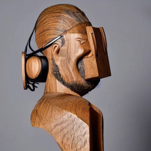 Image similar to wooden sculpture of a viking wearing a vr headset, polished maple, thoughtful, elegant, real