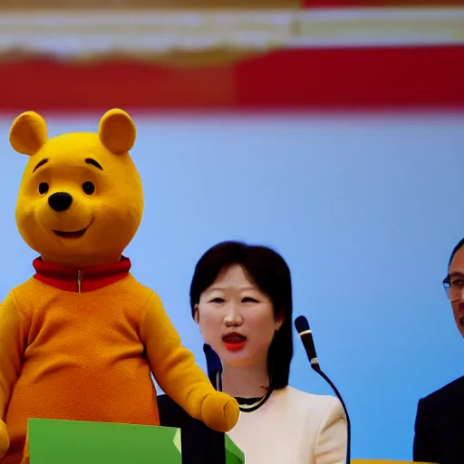 Image similar to Xi Jingping doing a speech dressed as Winnie the Pooh