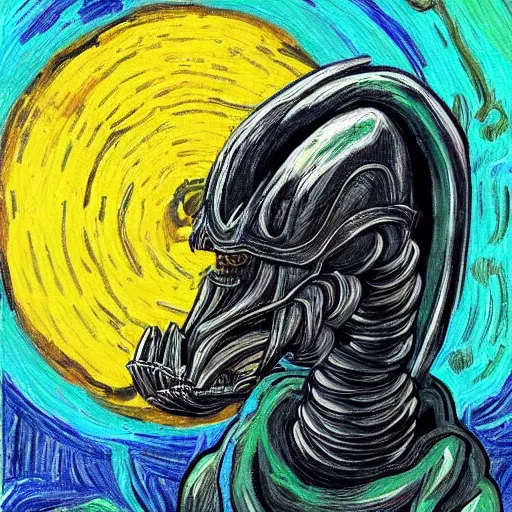 Prompt: a xenomorph in the style of vincent van gogh