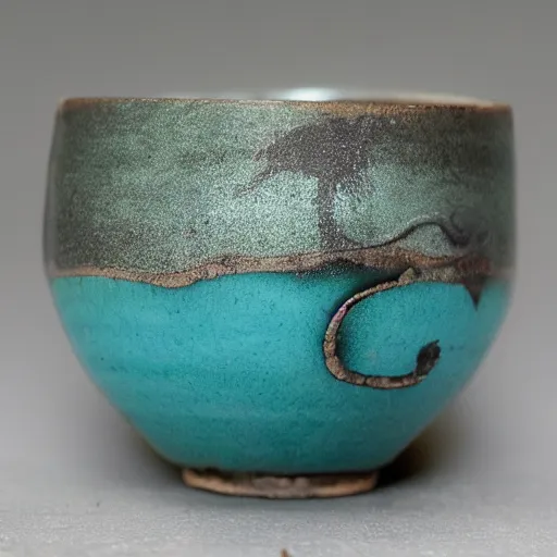 Prompt: raku tea cup, as elephant, horse hair, raku metallic, turquoise