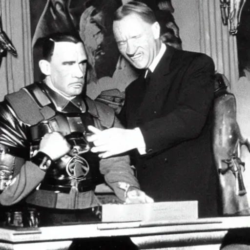 Image similar to hitler knighting schwarzenegger the terminator in a church