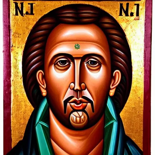 Image similar to nicholas cage, portrait, ancient byzantine icon of nicholas cage, roman catholic icon of nicholas, saintly nicholas cage, orthodox nicholas cage