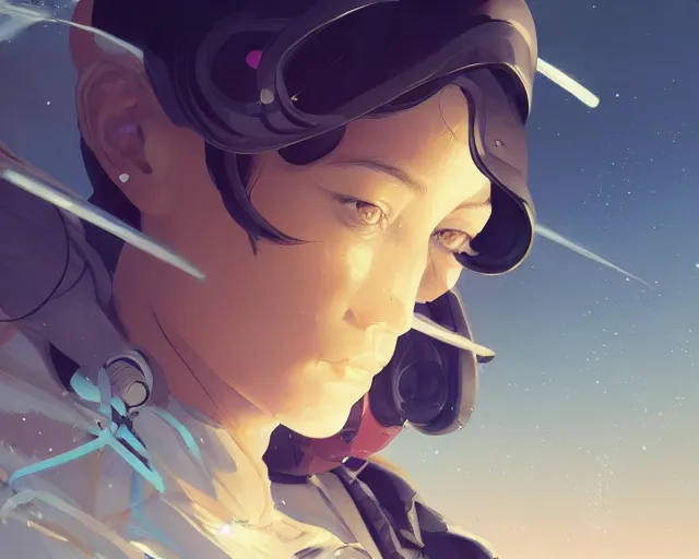 Image similar to young woman flying in space sharp focus, illustration, highly detailed, concept art, matte, trending on artstation, anime, art by james jean and artgerm and brian despain and alberto mielgo, greg rutkowski, wlop, ilya kuvshinov, strong strokes