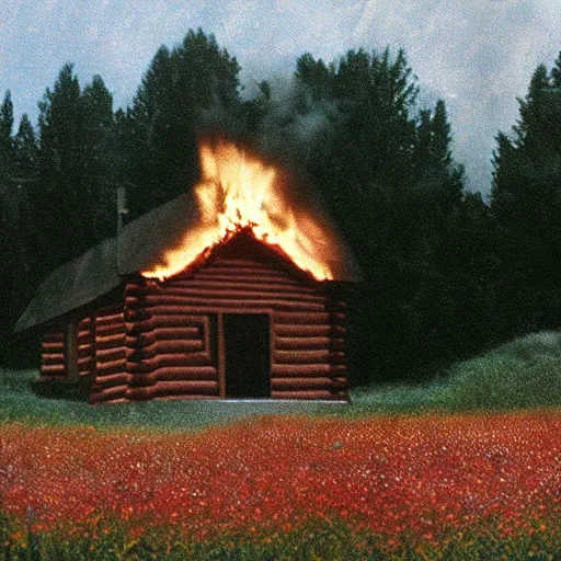 Prompt: vhs 1 9 8 0 s footage of a scene from the movie midsommar, center of screen a - line shaped wooden cabin on fire center of screen, field of flowers