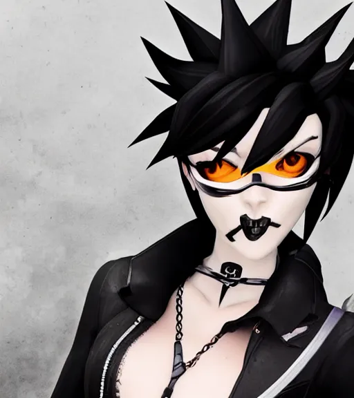 Image similar to tracer from overwatch, wearing black lipstick and black eyeliner, goth outfit, black hair, 4 k, detailed face, smirky expression, detailed face, focus on eyes, blur,