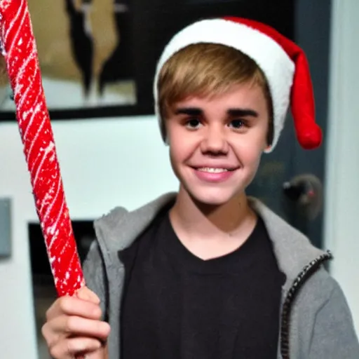 Image similar to justin bieber holding a candy cane,