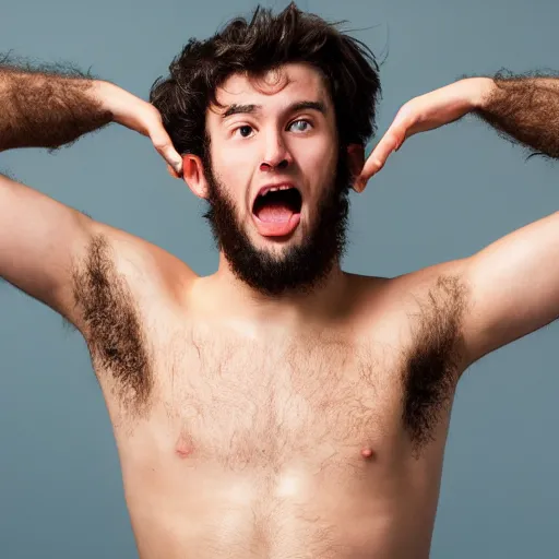 Image similar to high-resolution photograph of a lad showing off his hairy armpits