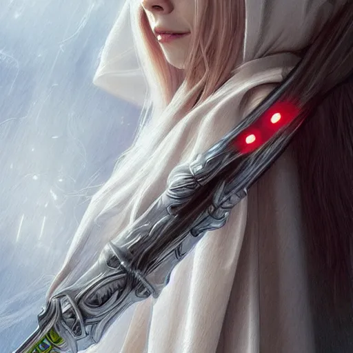 Prompt: perfect drawing of avril lavigne wearing white cloak holding light saber, intricate, highly detailed, digital painting, artstation, concept art, smooth, sharp focus, illustration, unreal engine 5, 8 k, art by artgerm and greg rutkowski and alphonse mucha