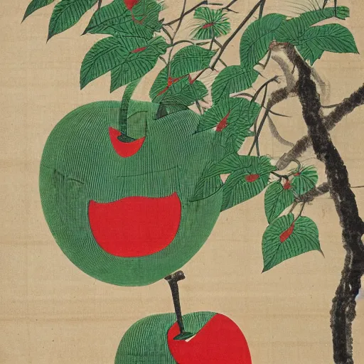 Prompt: house in a giant apple in the style of Koryusai Isoda (礒田湖龍斎, 1735–1790), Japanese print designer and painter