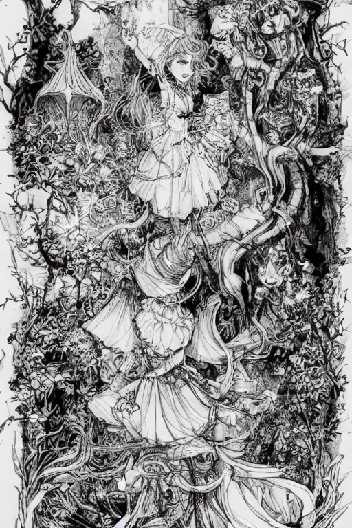Image similar to happy Alice in wonderland tarot card , pen and ink, intricate line drawings, by Yoshitaka Amano, Ruan Jia, Kentaro Miura, Artgerm, watercolor