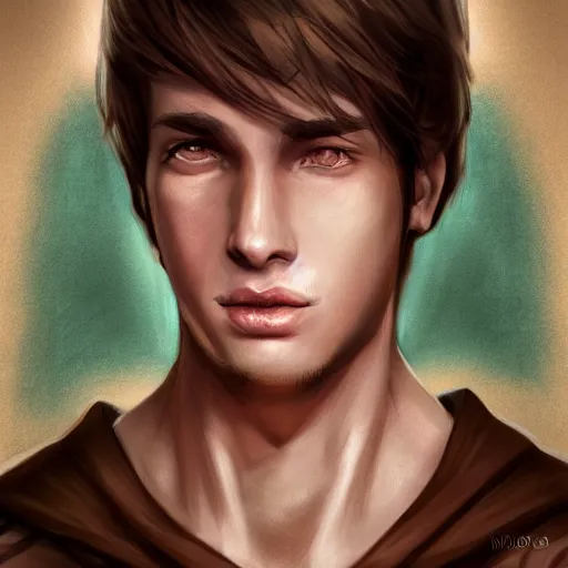 Image similar to realistic portrait, 25 years old man :: athletic fantasy mage :: green eyes, long slightly loosened brown hair :: wearing a brown robe :: high detail, digital art, RPG, concept art, illustration