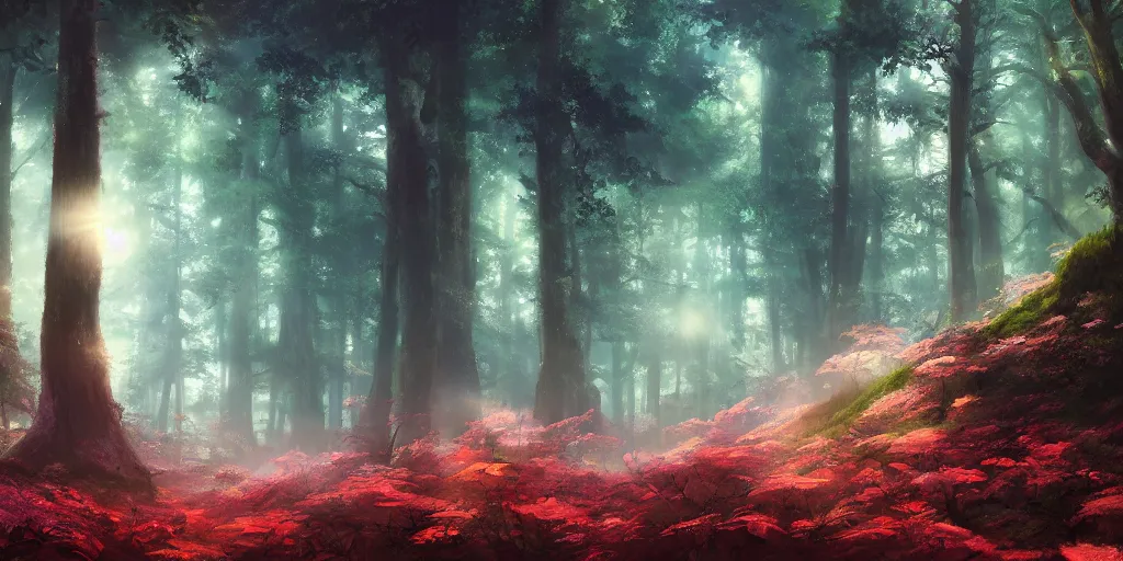 Prompt: a forest, cinematic angle, studio Ghibli, volumetric lighting, breathtaking, beautiful composition, elegant, digital art, detailed, oil painting, hyperrealistic, sharp focus, 8k