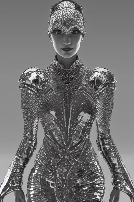 Image similar to a highly detailed 4 k render of a beautiful angel alien goddess bella hadid in iris van herpen dress armor schiaparelli in diamonds in style of alphonse mucha trending on artstation made in unreal engine 4