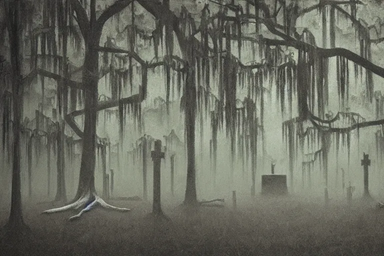 Image similar to scene from louisiana swamps, graveyard, voodoo, artwork by tim eitel