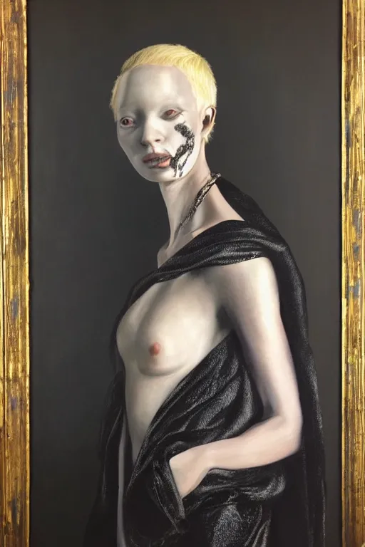 Image similar to hyperrealism oil painting, close - up portrait of albino medieval fashion model, black silk, steel gradient mixed with nebula sky, in style of baroque