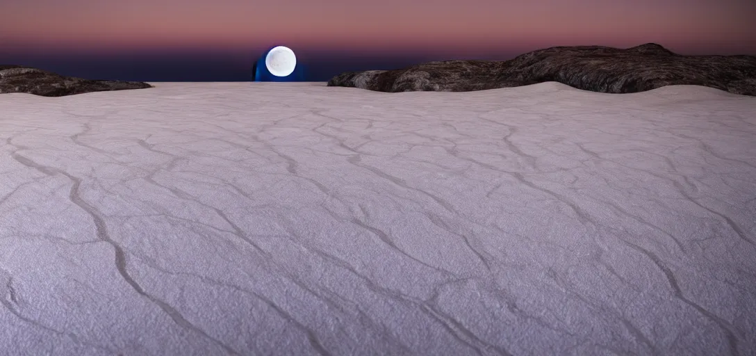 Image similar to octane render uhd, filmic lighting, cinematic art shot, hyperrealistic, hyperdetailed, super detailed, 8 k, high resolution, sandy white moon landscape, white rocks made of bone, 8 k uhd matte painting, mega high white mountain, midnight