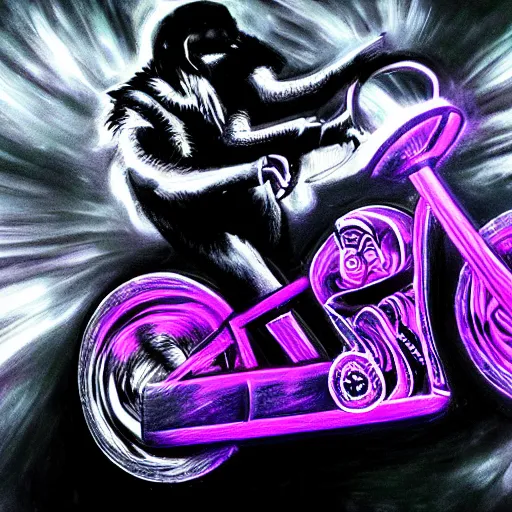 Image similar to psychedelic blacklight airbrush artwork, action shot of an orc biker riding a motorcycle, airbrushed on a black background