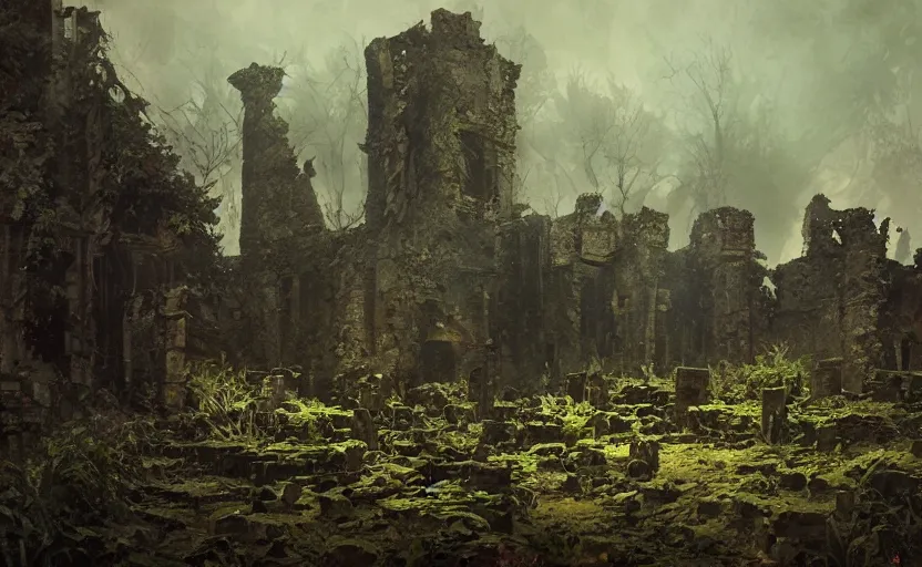 Prompt: painting of ruins of a medieval castle covered by vegetations by greg rutkowski and Craig Mullins, Dark atmospheric sad and cinematic lighting