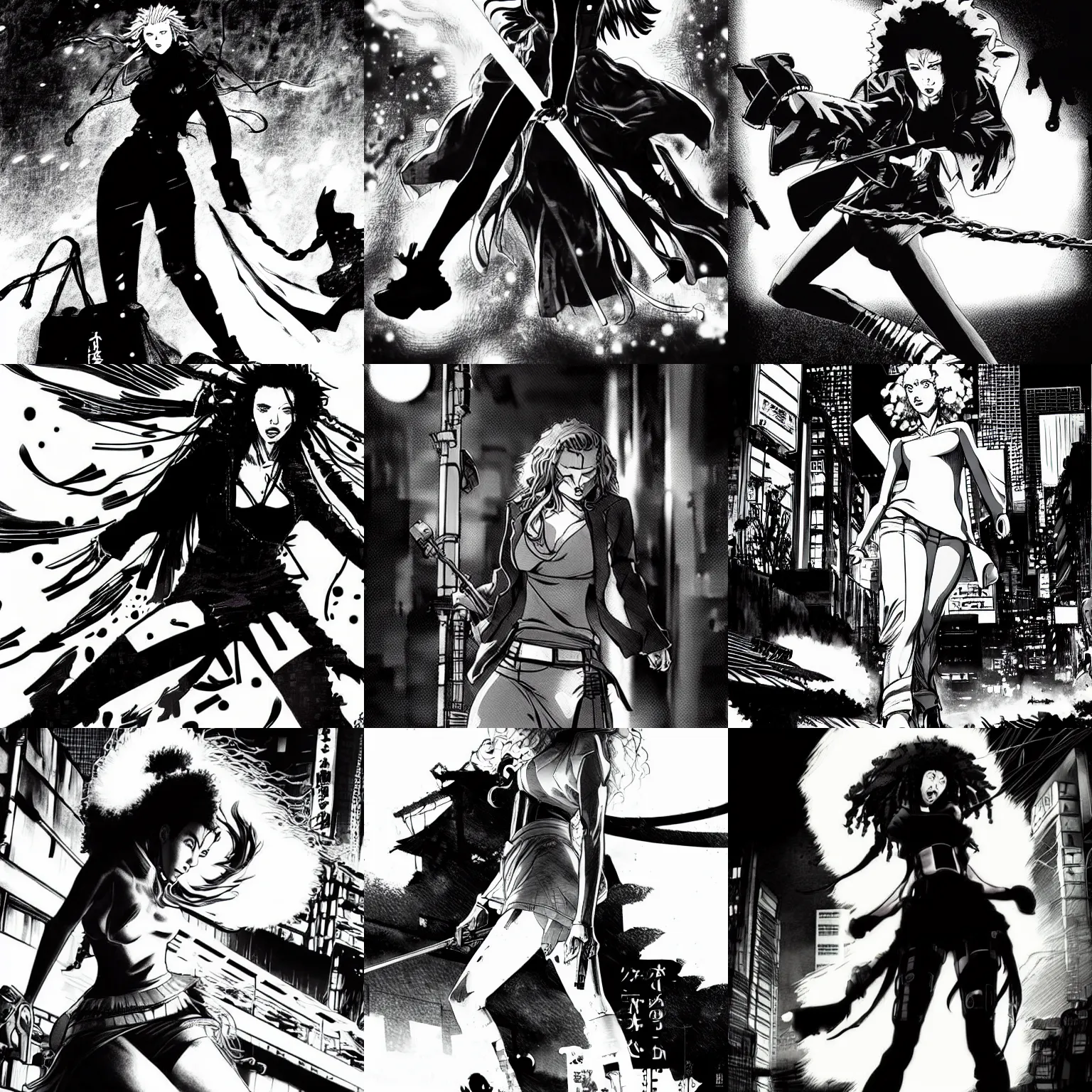 Prompt: scarlett johansson in afro samurai anime style pencil and ink manga, full body action pose, dramatic lighting in a post apocalyptic cyberpunk city, at night with dramatic moonlight