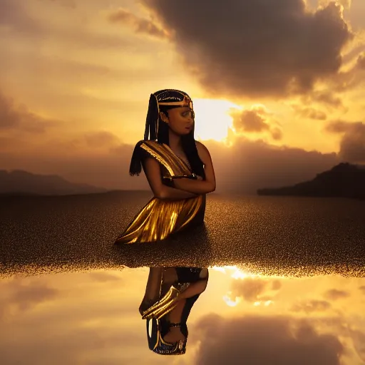 Image similar to a beautiful award winning photo of Cleopatra, golden hour, very detailed and sharp, 4k cinematic