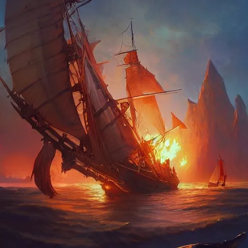 Image similar to !! pirate ship on fire!! d & d fantasy intricate elegant highly detailed digital painting artstation concept art matte sharp focus illustration hearthstone art by artgerm art by greg rutkowski art by alphonse mucha