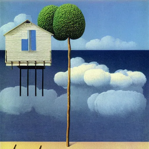 Prompt: a house floating in the middle of an ocean, by Rene Magritte