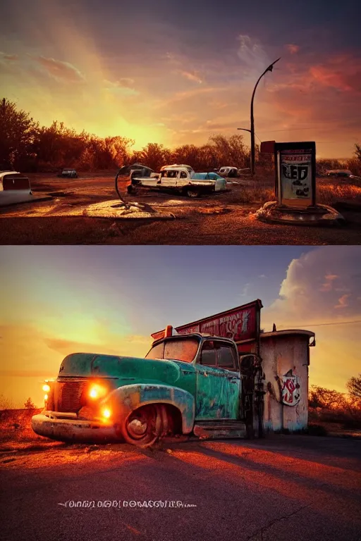 Image similar to a sunset light landscape with historical route 6 6, lots of sparkling details and sun ray ’ s, blinding backlight, smoke, volumetric lighting, colorful, octane, 3 5 mm, abandoned gas station, old rusty pickup - truck, beautiful epic colored reflections, very colorful heavenly, softlight