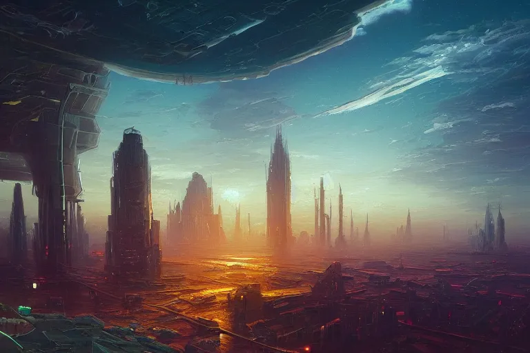 Image similar to a beautiful oil painting of a futuristic city in a serene landscape at night under the horizon line in the upper third by john howe and albert bierstadt and alena aenami and dan mumford and dave noton, unreal engine, trending on behance