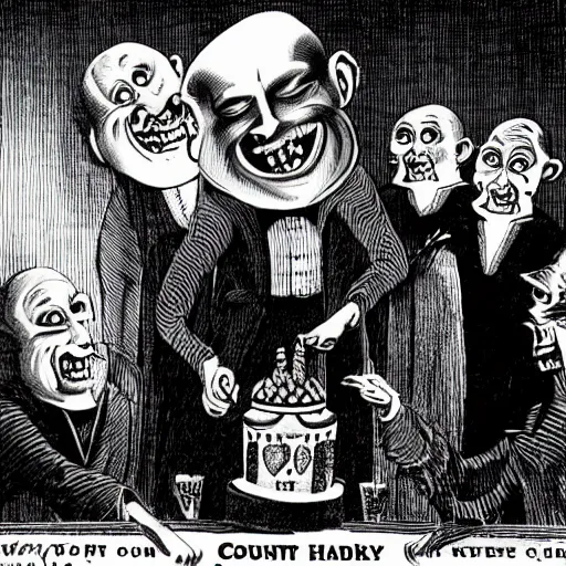 Prompt: overjoyed count orlok celebrating his birthday with monstrous friends