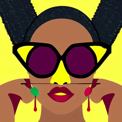 Prompt: a woman with dark glasses, wearing a yellow headband, red lipstick, white dress, holding a pineapple, black hair, with a saber - tooth earring, with a bag in a round shape, light green background, flat design, solid colors