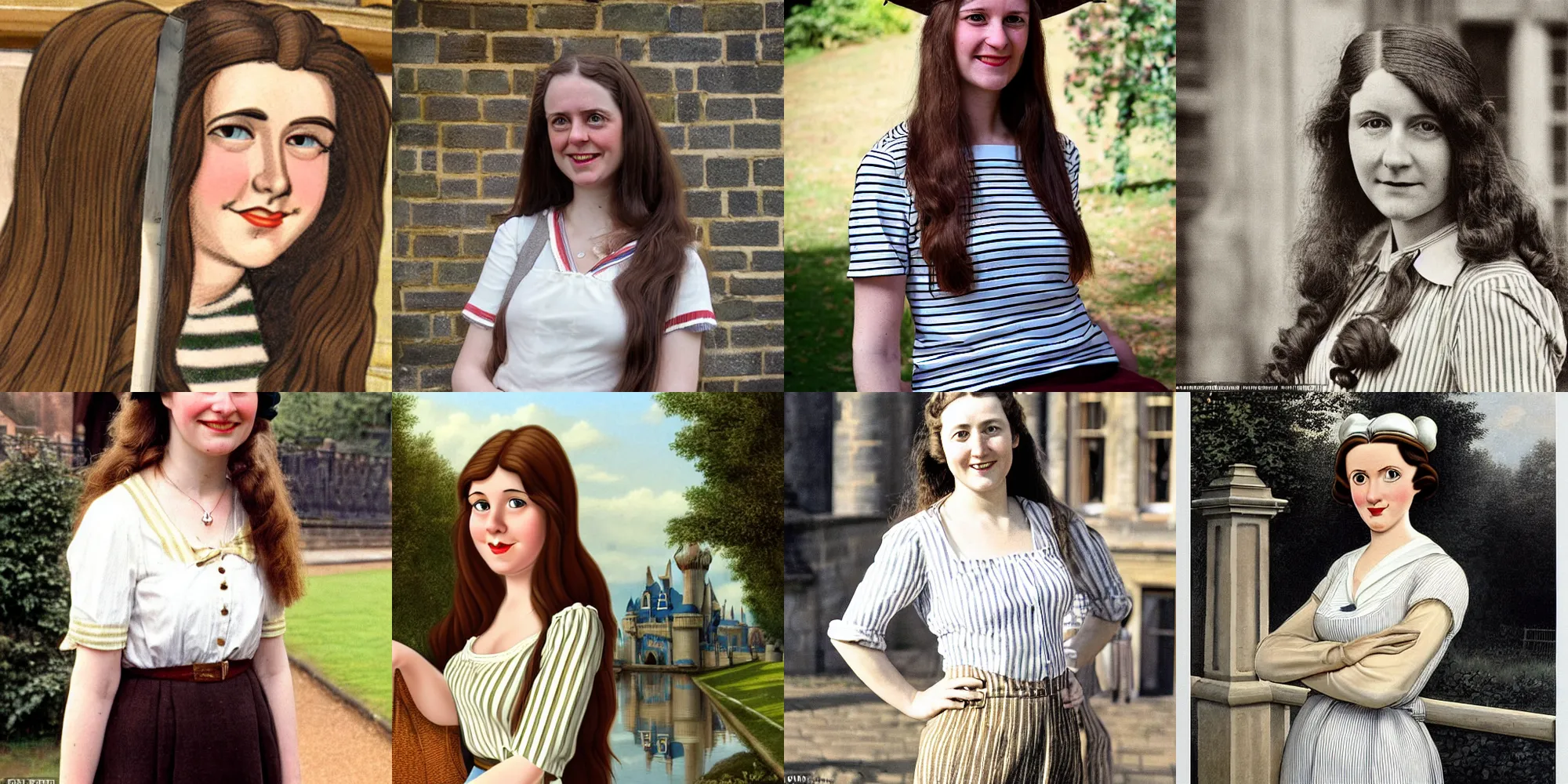 Prompt: Photorealistic, highly detailed, early 30s, very popular historian female with long brown hair, and white stripy top, who loves Disney, lives in Berkshire, standing outside Royal Holloway University in the summertime