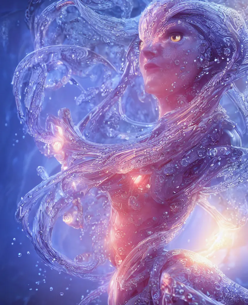 Image similar to close-up macro portrait of the face of a beautiful princess, epic angle and pose, symmetrical artwork, 3d with depth of field, blurred background, cybernetic jellyfish female face skull phoenix bird, translucent, nautilus, energy flows of water and fire. a highly detailed epic cinematic concept art CG render. made in Maya, Blender and Photoshop, octane render, excellent composition, cinematic dystopian brutalist atmosphere, dynamic dramatic cinematic lighting, aesthetic, very inspirational, arthouse. y Greg Rutkowski, Ilya Kuvshinov, WLOP, Stanley Artgerm Lau, Ruan Jia and Fenghua Zhong