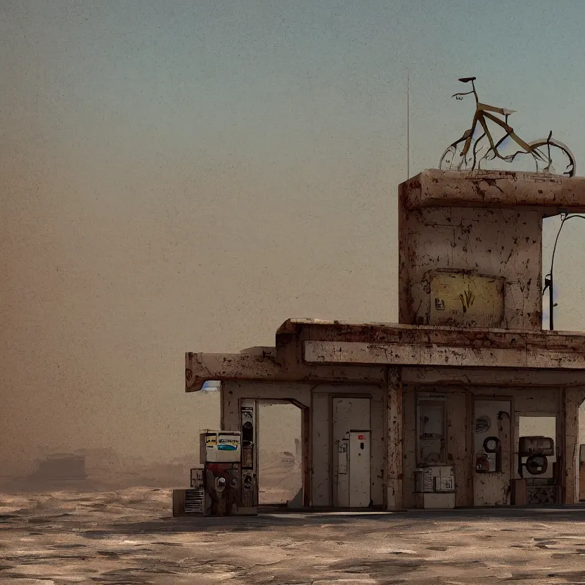 Image similar to an old, tiny abandoned gas station in the middle of the desert, cobweb, old, artstation, digital art.