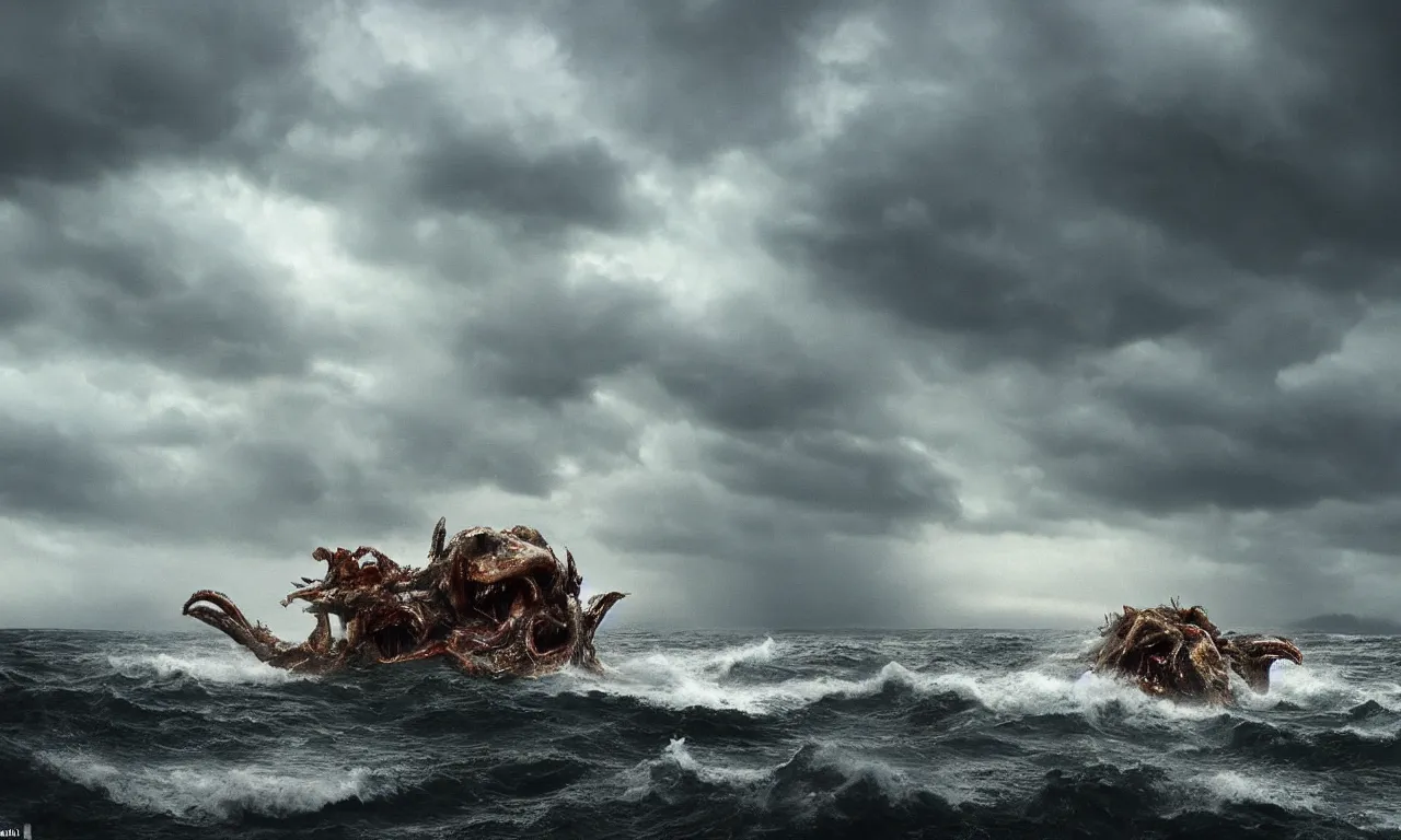 Image similar to a gigantic monster that looks like a mixture of monkfish with crocodile limbs, wet and slimy with a very large mouth, is coming out of the sea dragging its enormous weight with effort on a beach, there are people fleeing in terror, photo-realistic, stormy sky, photo by national geographical