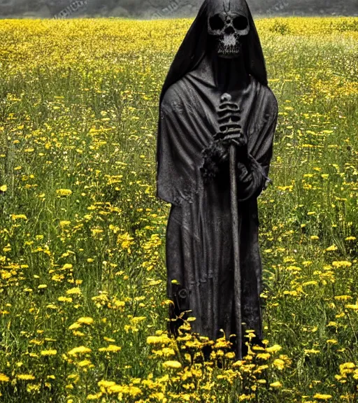 Prompt: mystical black death god figure standing in tall meadow of flowers, dslr photo, grainy, high detail, high resolution