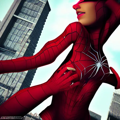 Image similar to Spiderwoman Trending on ArtStation, Digital 3D, Female, Girl, Woman