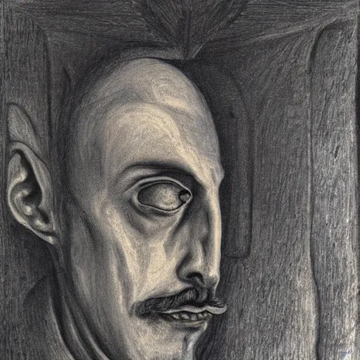 Prompt: Close-up of the angry man, pencil drawing. El Greco, Remedios Varo, Salvador Dali, Carl Gustav Carus, John Atkinson Grimshaw. Blue tint. Symetrical, logo, geometric shapes.