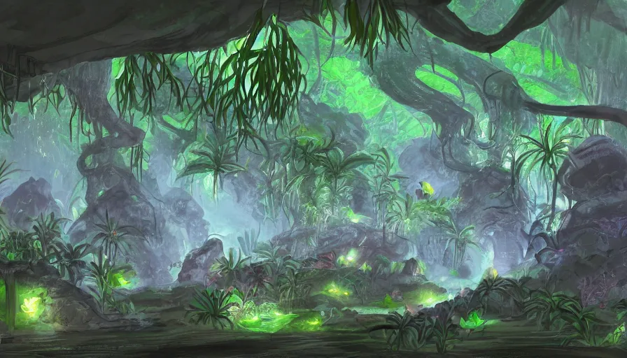 Image similar to concept art sketch of underground jungle cave with luminescent plants