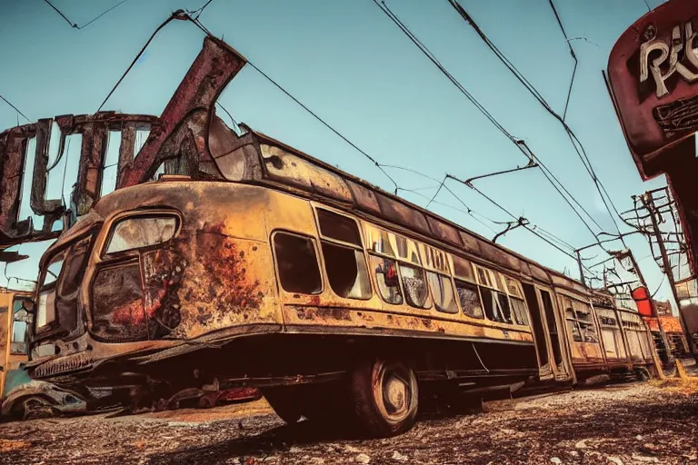 Prompt: low wide angle shot of dilapidated fallout 5 europa, temperate european hamlet, desolate, dilapidated neon signs, few rusted retro futuristic vintage parked vehicles like cars, ( ( ( ( buses, trucks, trams ) ) ) ), volumetric lighting, photorealistic, daytime, autumn, sunny weather, sharp focus, ultra detailed