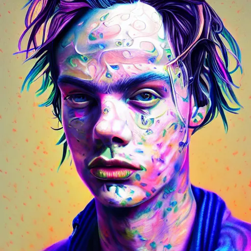 Prompt: ! dream an extremely psychedelic portrait of yungblud, surreal, lsd, face, detailed, intricate, elegant, lithe, highly detailed, digital painting, artstation, concept art, smooth, sharp focus, illustration,