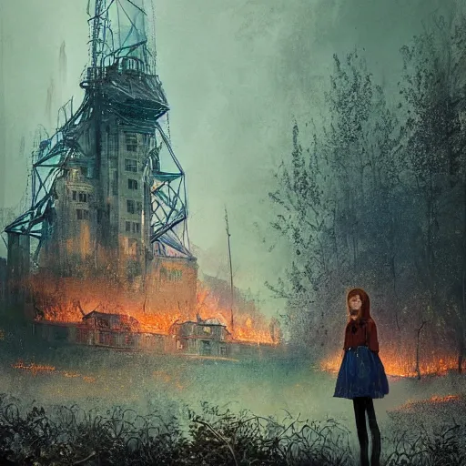 Prompt: a girl in chernobyl disneyland, disneyland castle, wasteland, forest fires light, digital illustration, by android jones and greg rutkowski, dark cloudy skies, detailed, cinematic lighting, wide angle action dynamic portrait