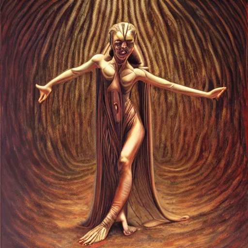 Prompt: a woman dancing with fire by h.r. giger, alex gray and jeffrey smith and h.r. giger, oil on canvas, 8k highly professionally detailed, trending on artstation