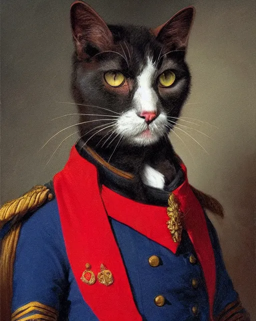 Image similar to dark brown cat with serious expression wearing 1 8 th century royal guard uniform in navy blue and red, joseph ducreux, greg rutkowski, regal, stately, royal portrait, painting