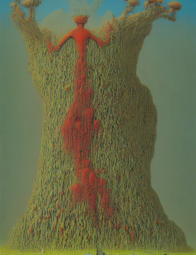 Prompt: fungal bloom monarch on ancient throne, forgotten slime mold king by zdzisław beksiński, oil painting award winning, chromatic aberration radioactive colors