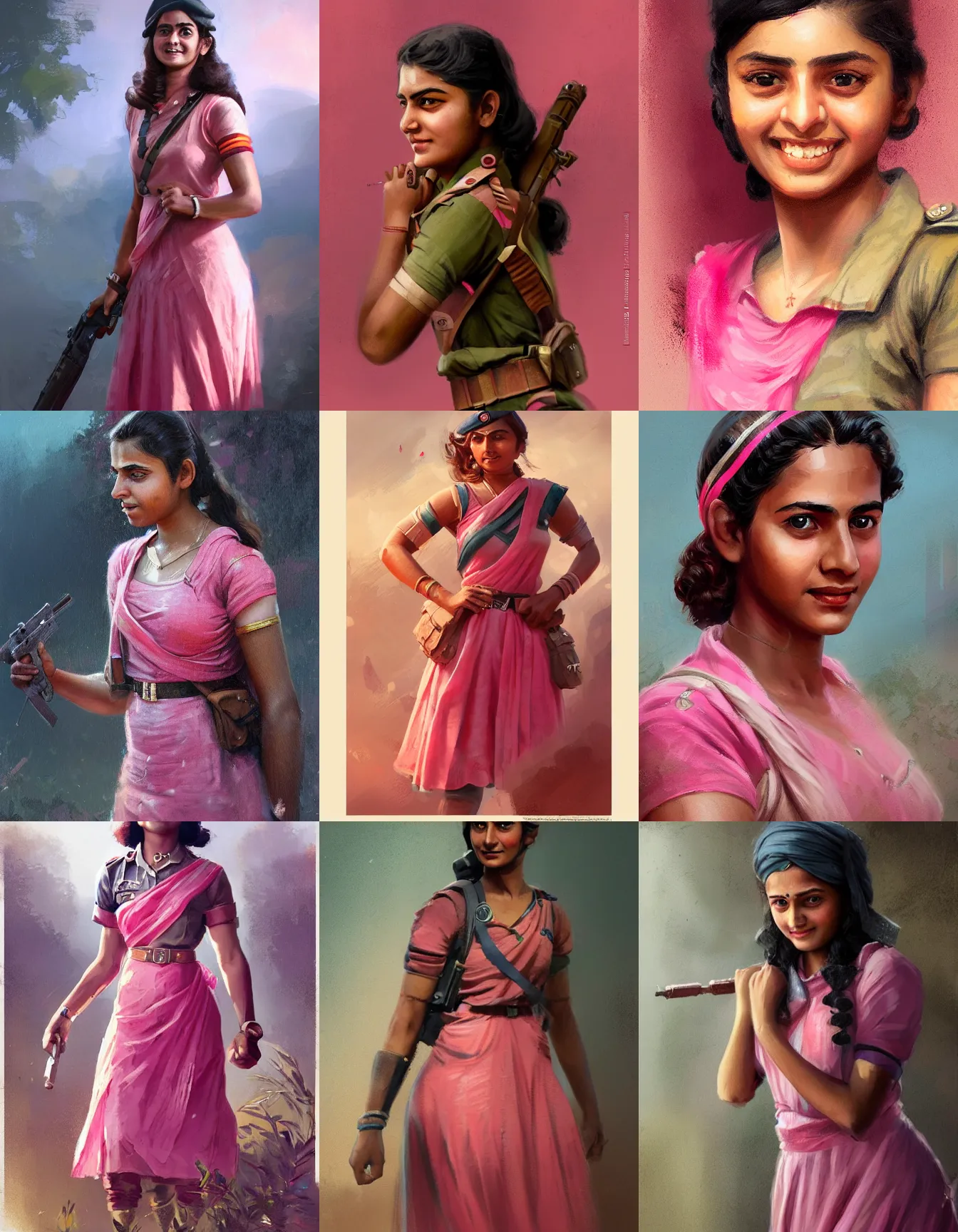 Prompt: young indian woman ww 2 soldier, wearing a pink dress, strong, muscular, smiling, digital portrait by greg rutkowski, intricate, soft focus, highly detailed, cinematic, epic, artstation