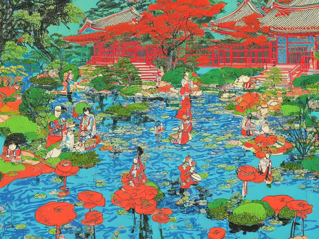 Image similar to close - up traditional japanese home with a garden, a pond in the garden, startroopers are sitting around the pond, a combination of pop - art and traditional japanese painting styles, the style of andy warhol and jackie tsai, bright palette, acrylic on canvas