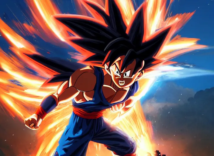 Image similar to close up cinematic artwork of goku staring down the enemy on the battlefield by Greg Rutkowski, 4k, masterpiece