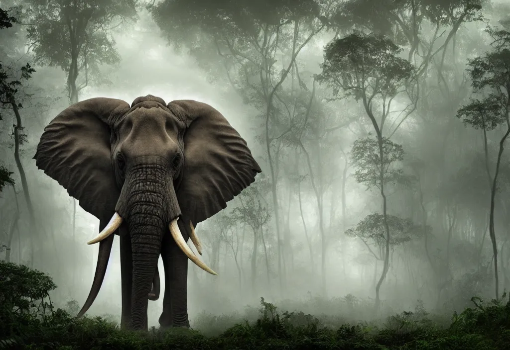 Prompt: an enormous elephant king, huge tentacles, in a jungle with ominous light from above, ambient light, fog, river, symmetrical, poetic